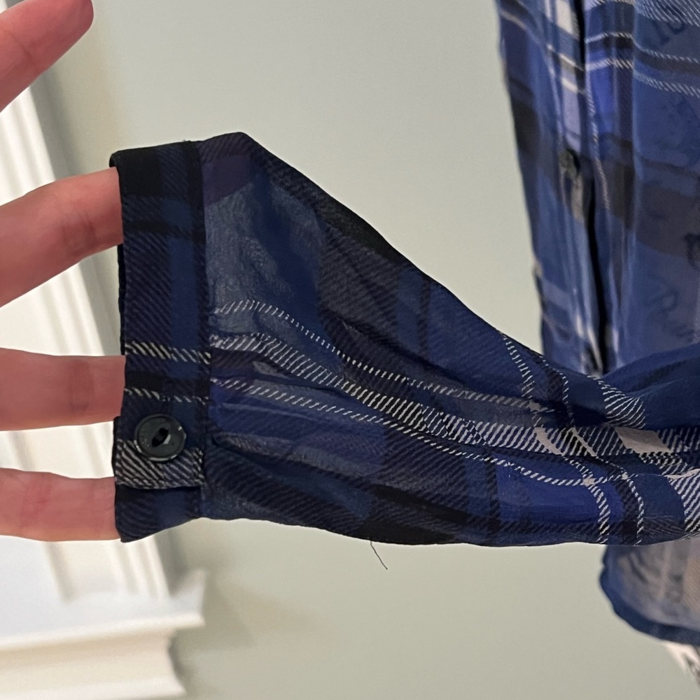 Rag & Bone Byron Button-Front Silk Sheer Chiffon Plaid Blue Black XXS Like New - Picture 5 of 11
